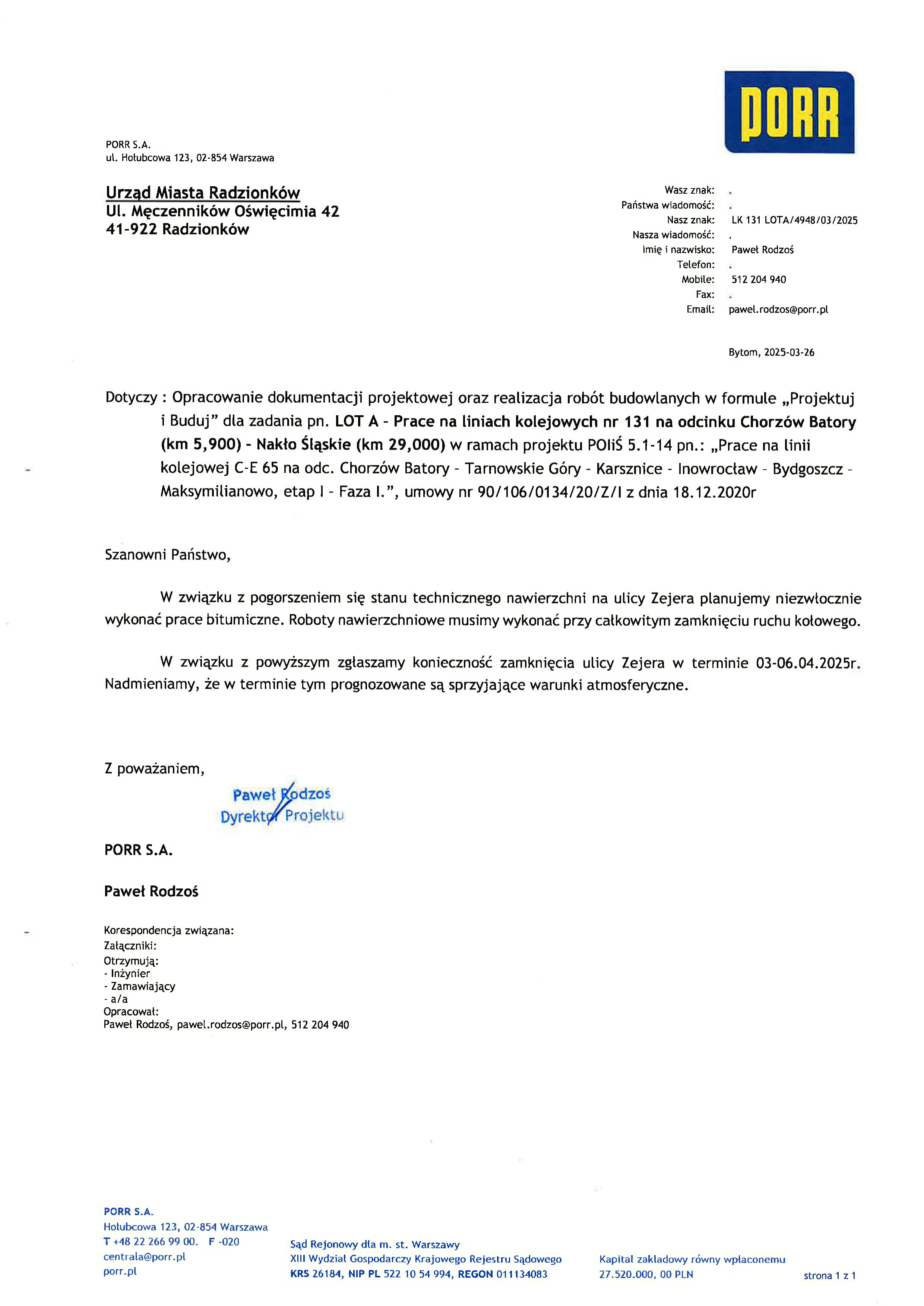 Pismo dotyczące opracowania dokumentacji projektowa i realizacji robót budowlanych