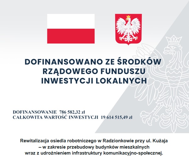 Rewitalizacja osiedla robotniczego w Radzionkowie przy ul. Kużaja – w zakresie przebudowy budynków mieszkalnych wraz z udrożnieniem infrastruktury komunikacyjno-społecznej.